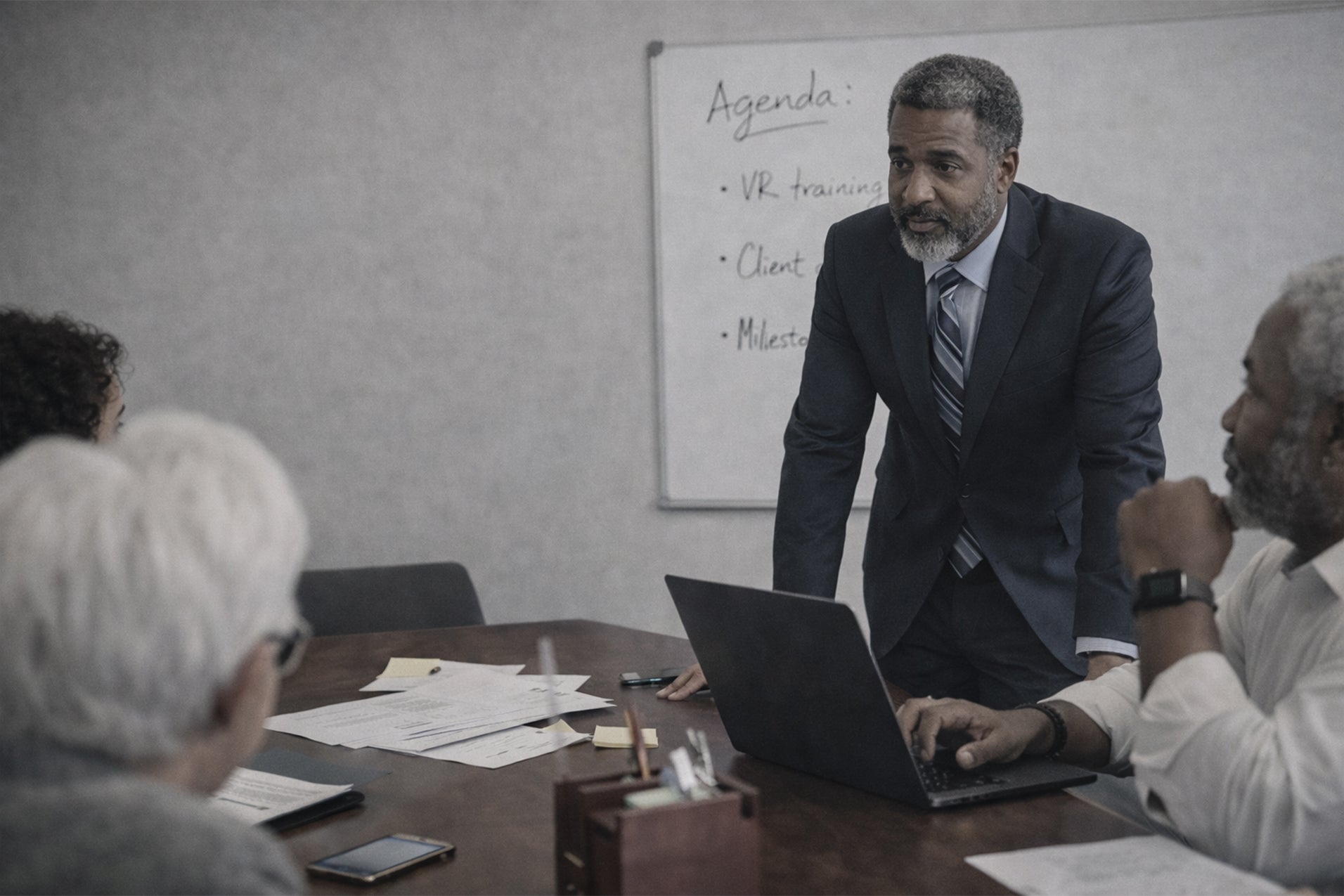 Inefficient traditional meeting with limited remote participation and disconnected workflows before Nework P Series smart board