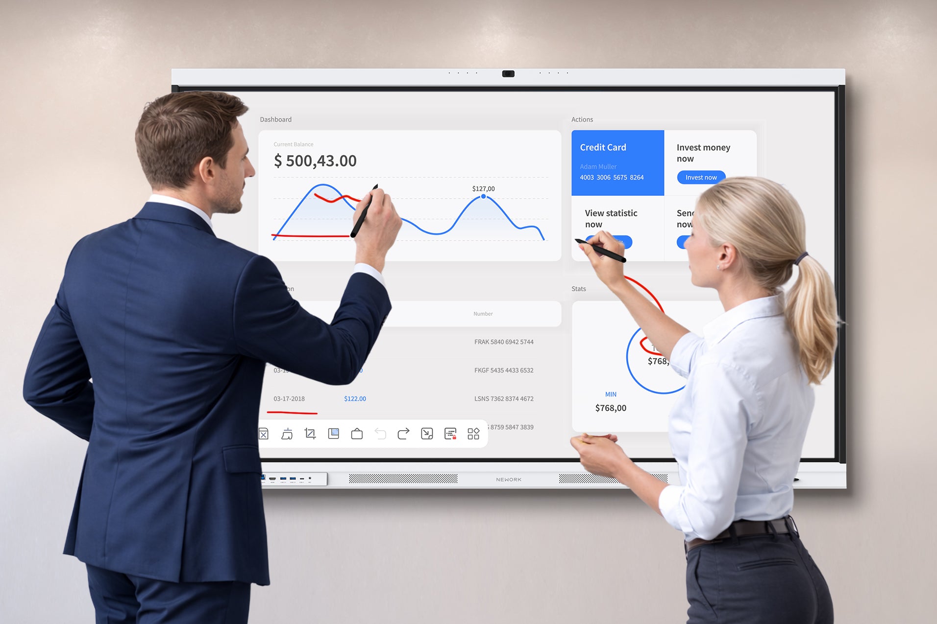 Nework P Series smart board real-time collaboration with two users writing and annotating business data