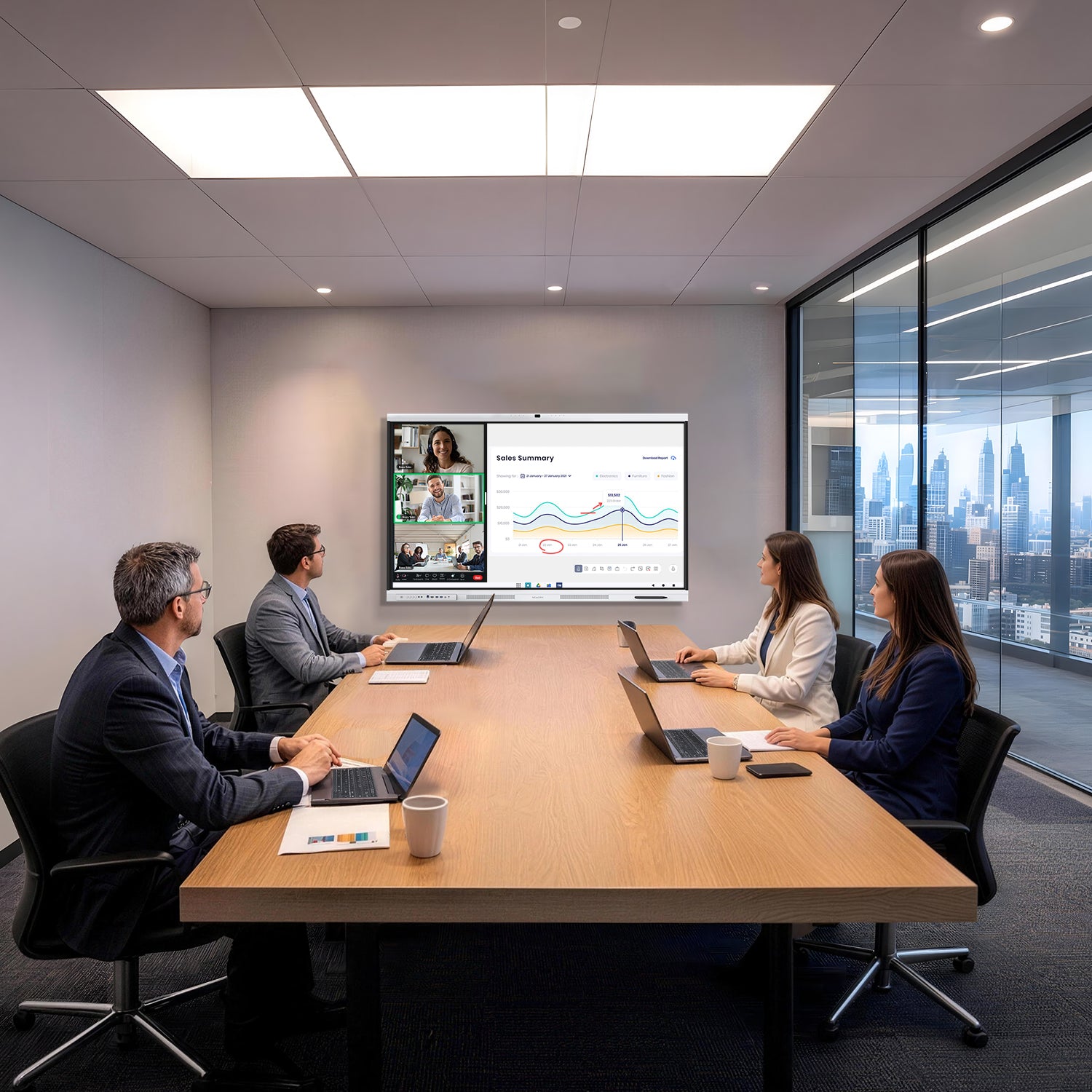 smart board for conference room with team collaboration and hybrid meeting setup in modern office Nework