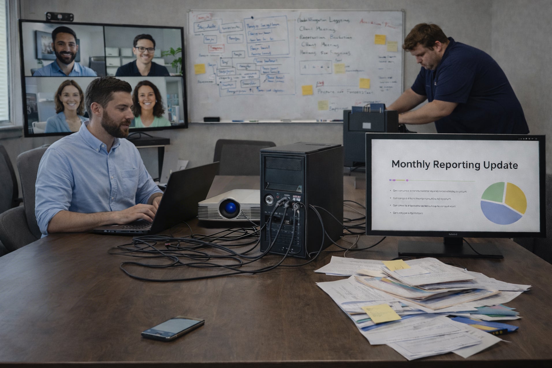 traditional meeting setup with projector whiteboard and multiple devices causing cable clutter and inefficient workflow nework